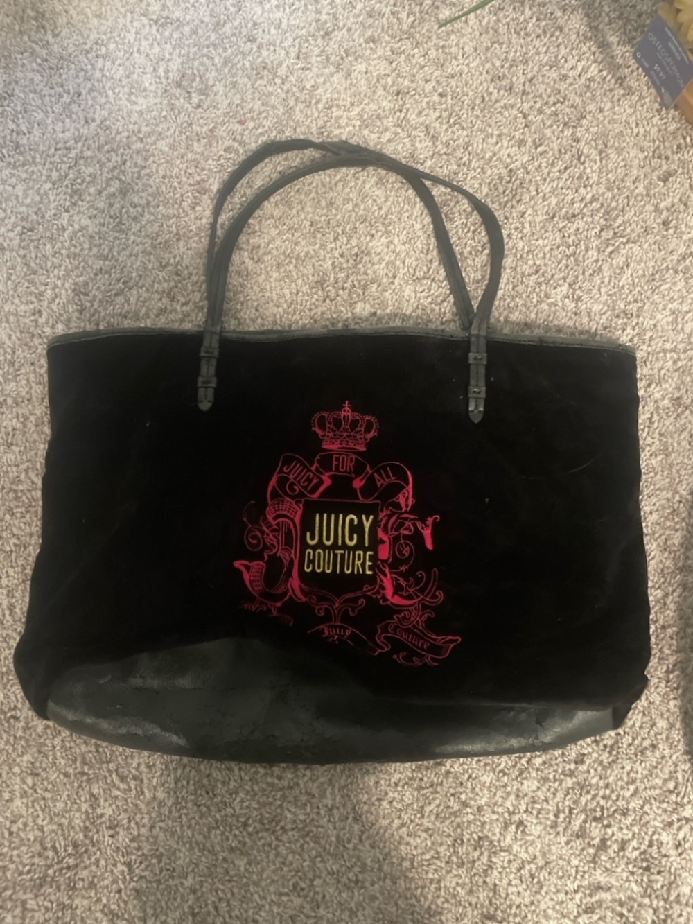 Juicy Couture Black Velvet Tote with Pink Crest